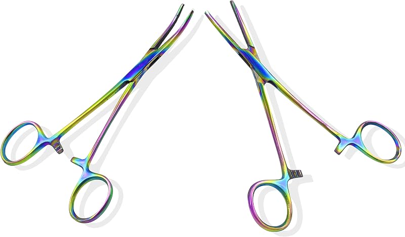 2 Hemostat Curved and Straight Hemostat Forceps Piercing Pliers Multi Color Rainbow Forceps with Serrated Jaws, 5.5 Inch Stainless Steel Straight and Curved Pliers,Fishing Tweezer Hemostats
