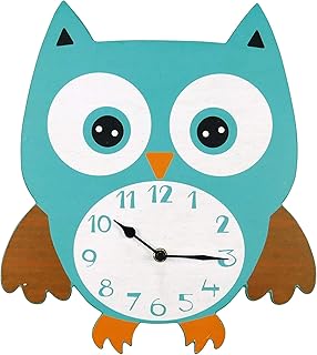 NIKKY HOME Orologio da Parete in Legno per cameretta Gufo Blu Blue Owl Design