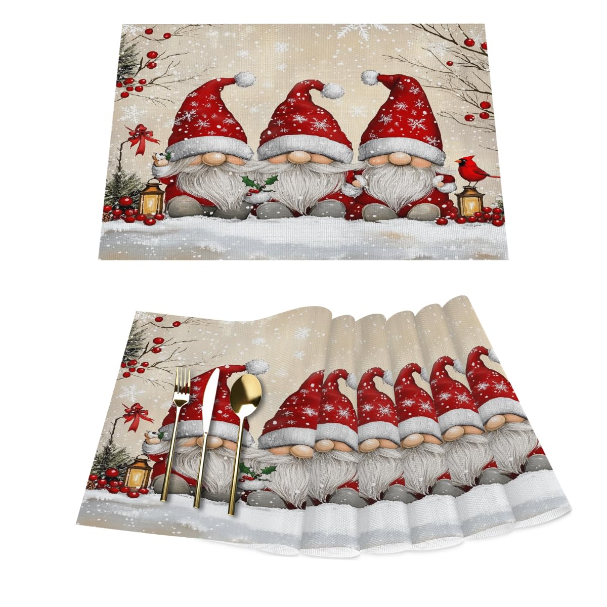Vintage Christmas Santa Gnome Vinyl Placemats Set of x6 for Dining Tables,Kitchen Table Mats Heat Resistant Washable Wipeable PVC Place Mat