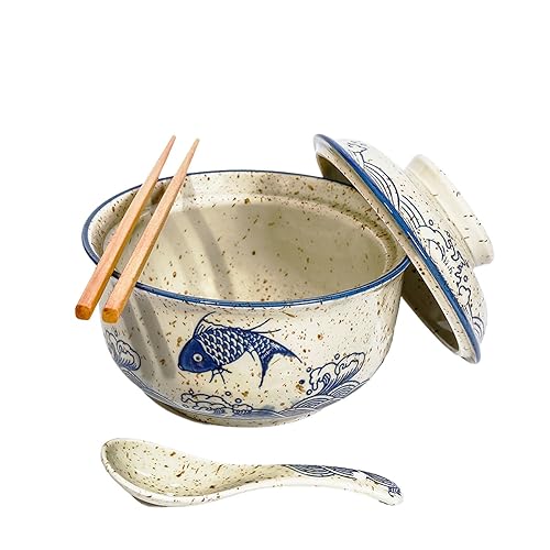 Ceraozmus Ceramic Ramen Bowl Set, 800ml, with Lid, Spoon and Chopsticks, Japanese Vintage Large Soup Bowls Instant Noodle Bowl Asian Tableware (Fish*1) - Fish*1