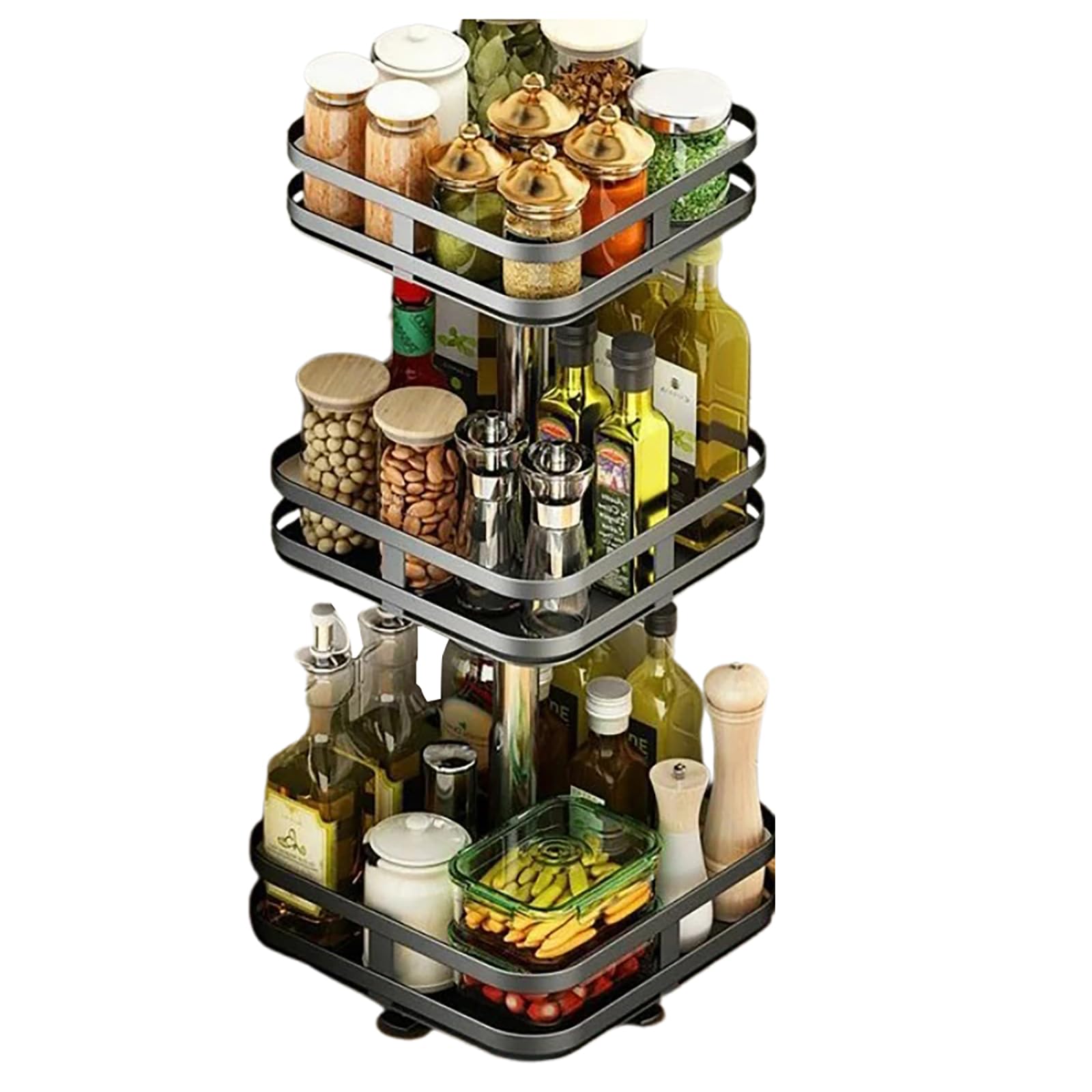 Estante de especias de 3 niveles, almacenamiento de especias giratorio de metal para cocina y baño, eficiente soporte de plato de 3 niveles, elegante dispensador de especias para un fácil acceso