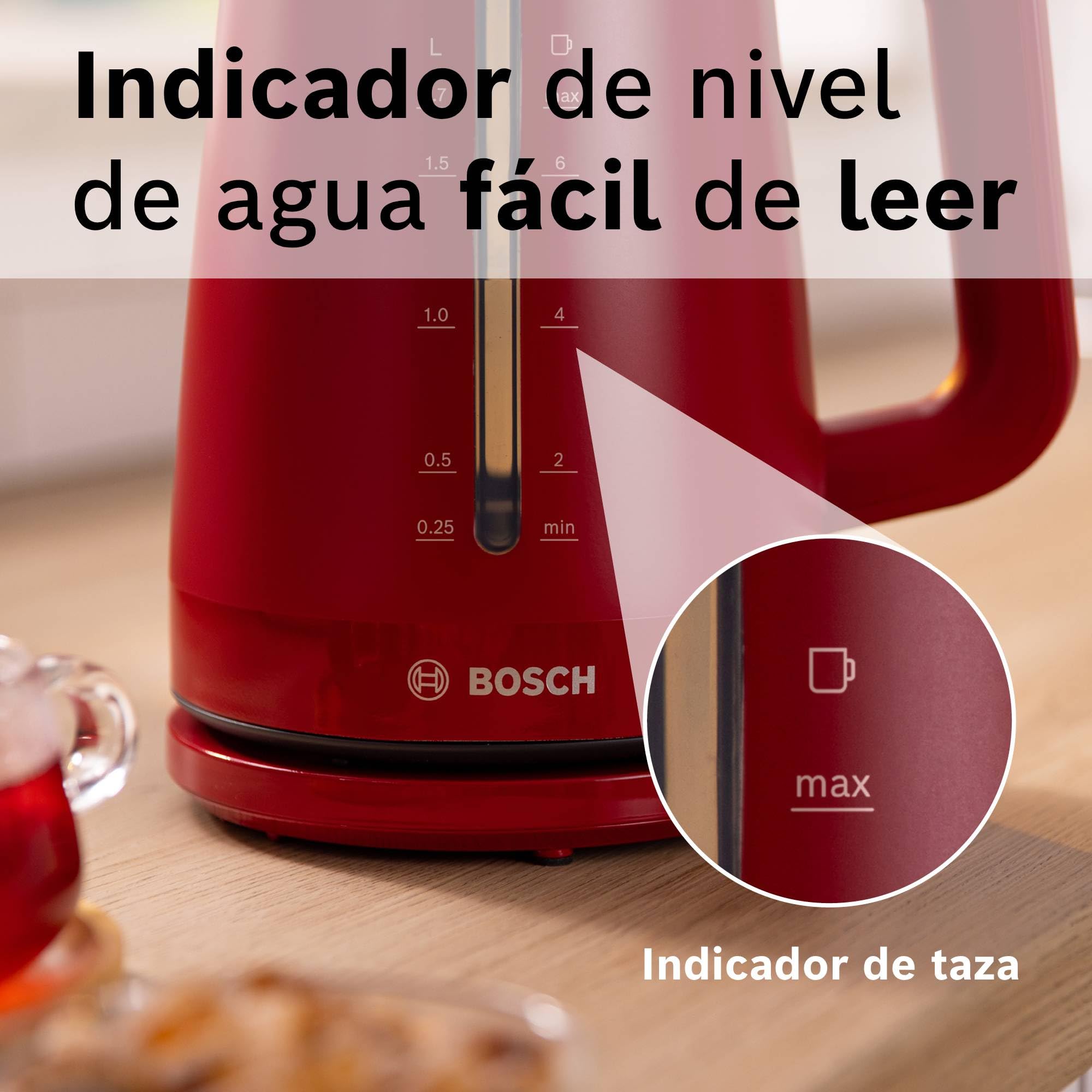 Bosch - hervidor eléctrico, MyMoment, manejo ergonómico, triple sistema de seguridad, filtro antical, capacidad de 1,7 l, rojo intenso, TWK3M124 | Hervidor, calentamiento rápido, filtro extraíble, indicador de nivel de agua, apagado automático, fácil de l