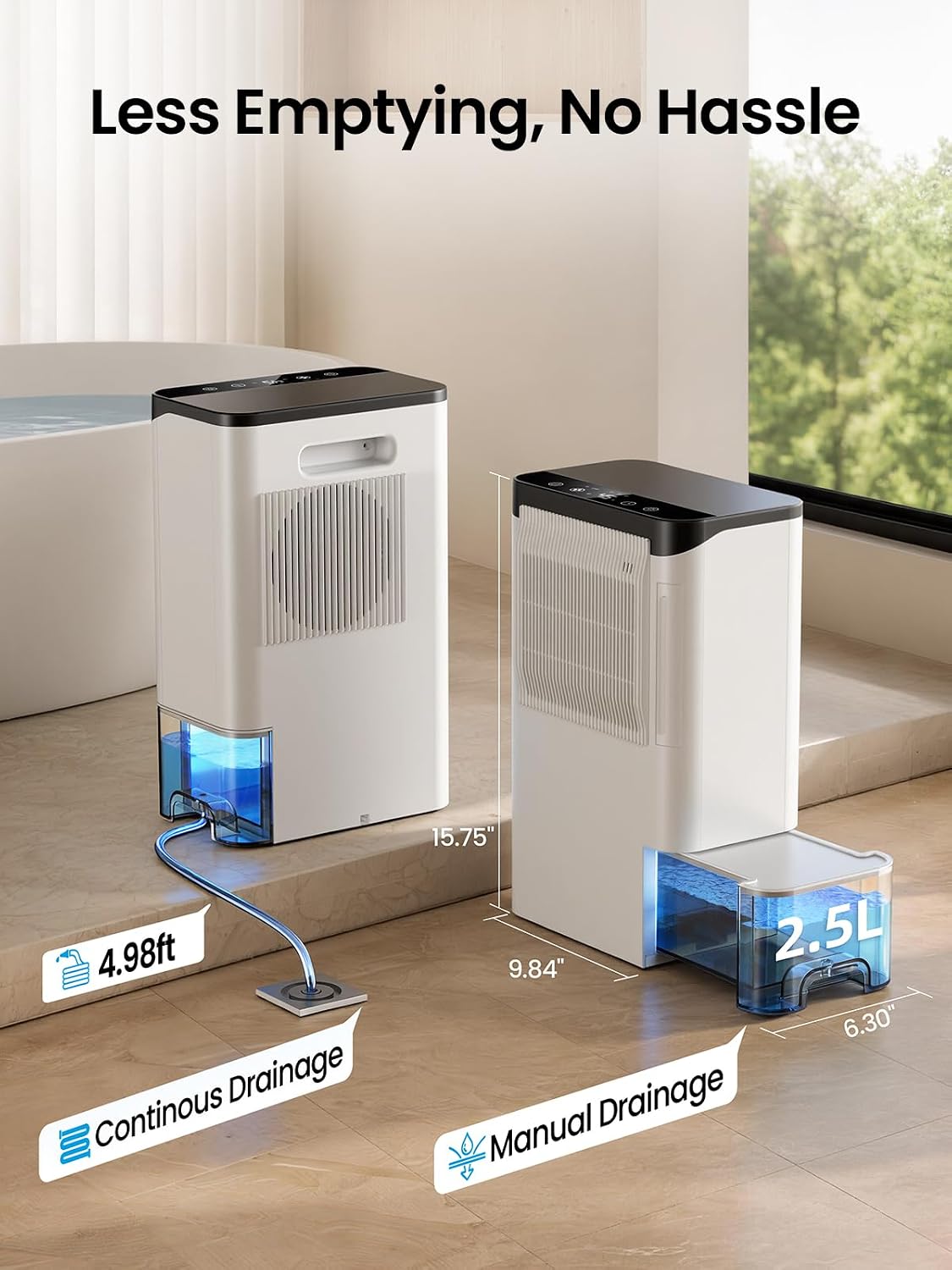 Dehumidifier for Basement, Garage, RV – Works Down to 34°F, Covers 1500 Sq Ft, 2.5L Tank + Continuous Drainage, <35dB Quiet, Ambient Light, Touch Control, Timer