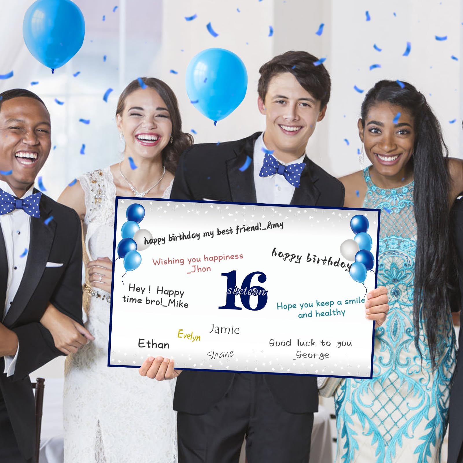 Tarjeta de felicitación de 16 cumpleaños con sobre para niño, tamaño grande, color azul y plateado, suministros para fiesta, libro de invitados de 16 cumpleaños, regalo de la firma Big Back in