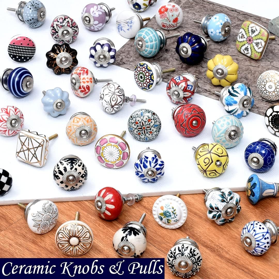 Indian Shelf Blue Ceramic Cabinet Knobs - 25 Pack - Drawer Pulls - Vintage Decorative Knobs - Blue White 1.5" Door Handles