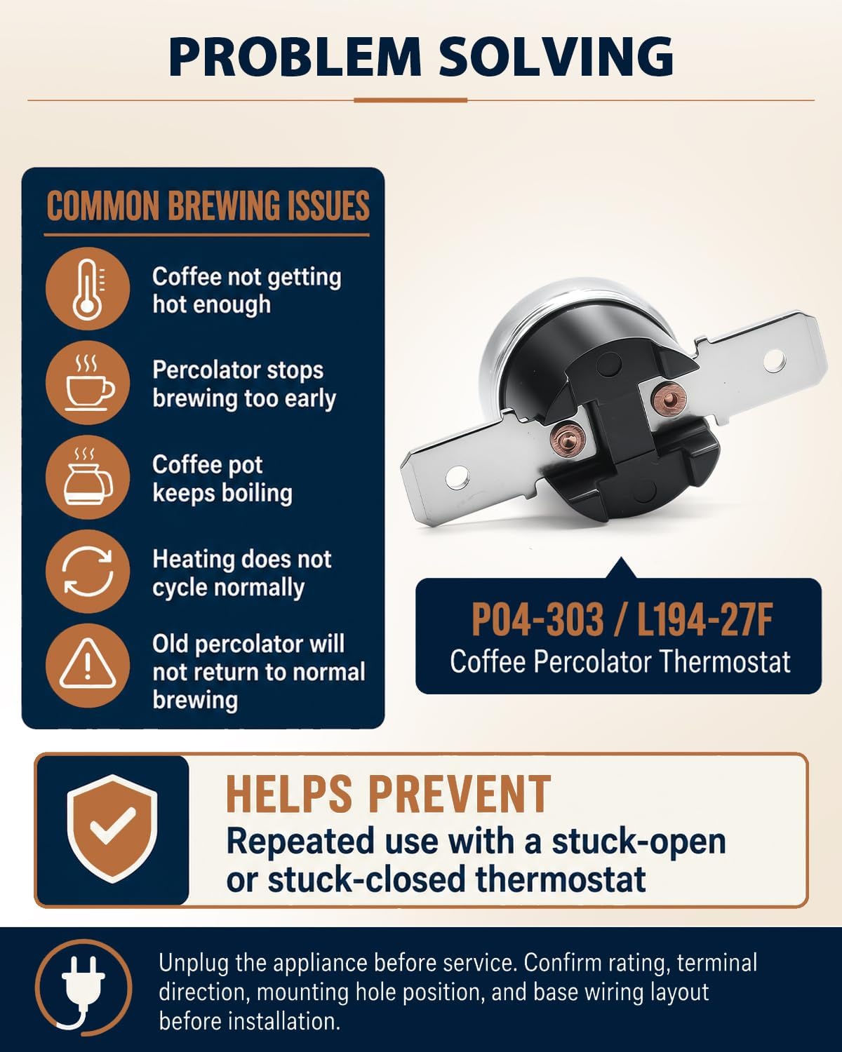 2Pack P04-303 Coffee Percolator Thermostat L194-27F 194°F, Compatible with Farberware FCP240 FCP280 FCP412, Copper Switch for Coffee Not Hot Enough or Keeps Boiling
