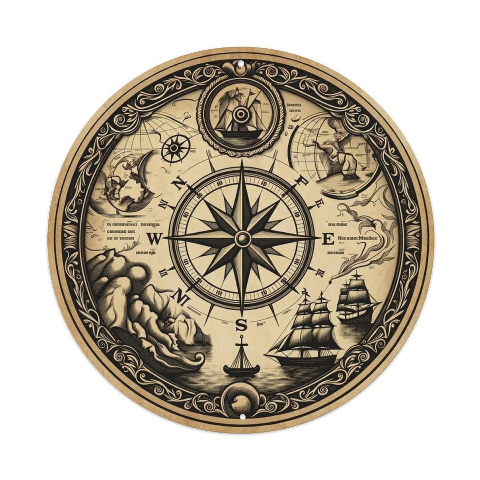Vintage Nautical Compass World Map Seaborne Quest Metal Tin Sign