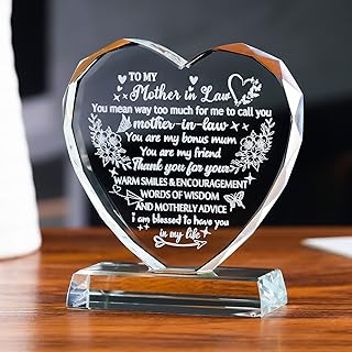 Gifts for Mother in Law from Daughter in Law Love Gifts for Mother in Law Her Bithday Mother's Day, Glass Heart Keepsake Plaque Ornaments Engraved Thank You for Mother-in-law