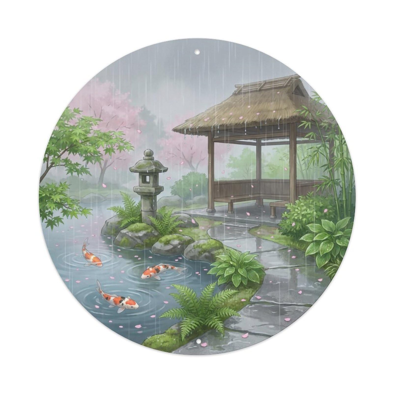 Japanese Koi Fish Spring Rain Gentle Drops Vintage Metal Tin Sign Plaque Wall Decor for Cafe, Club Bar, Office, Garden Metal Poster 8x8Inch
