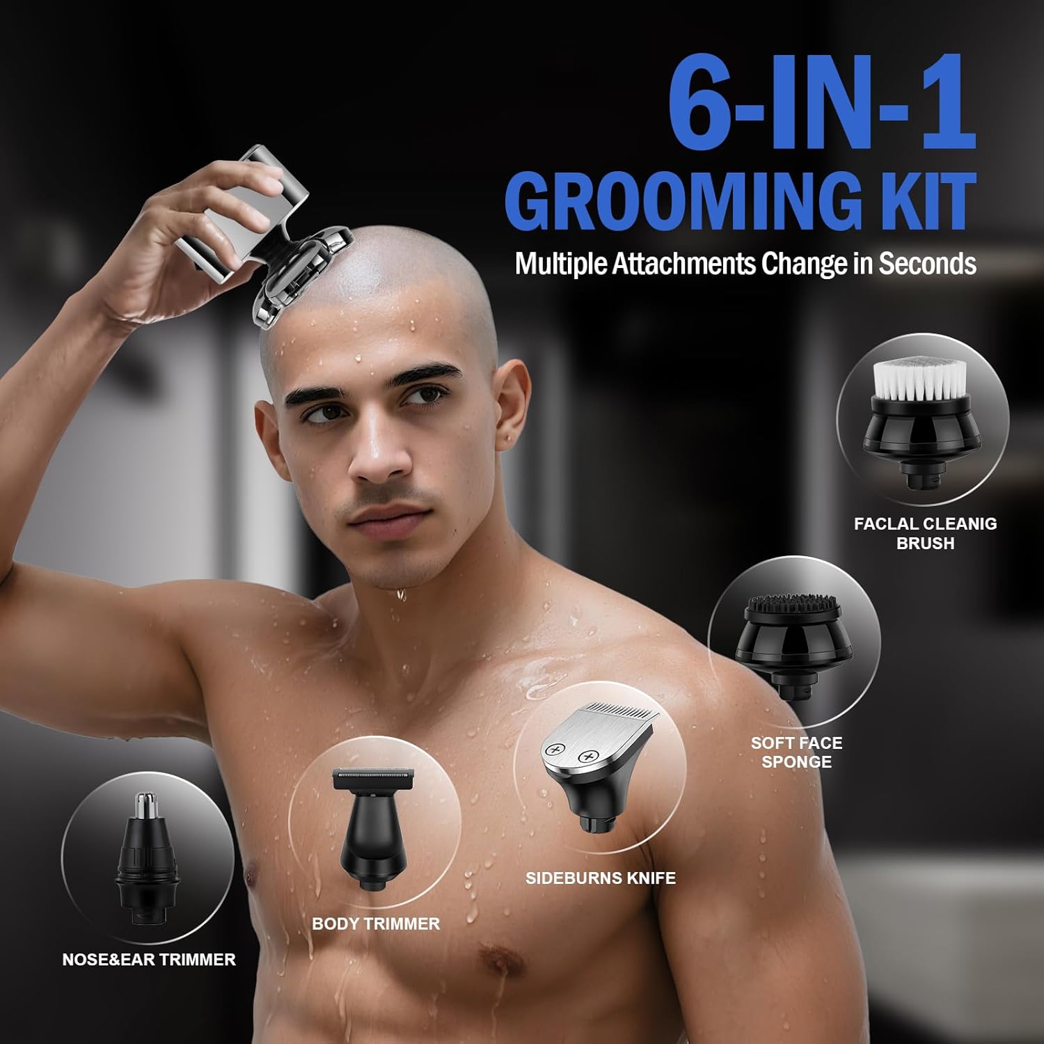 Floating Head Shavers for Bald Men - IPX7 Waterproof Electric Razor for Men with Type-C Quick Charge & LED Display - 6-in-1 Multifunctional Grooming Kit for Wet/Dry Shaving - Image 4