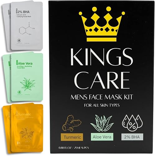 Mens Face Mask Skin Care Kit (6 Pack) - Turmeric Anti-Acne, Aloe Vera Soothing & 2% BHA Salicylic Acid Sheet Mask - Skin Care for Men Face Masks for Hydrating, Brightening & Refining Pores