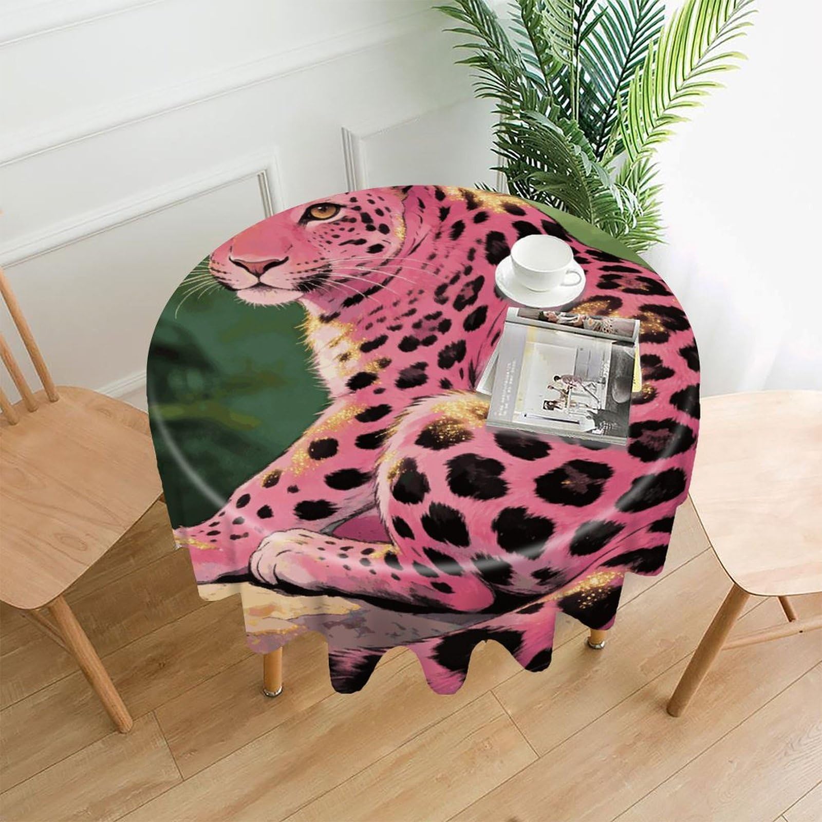 LZQPOEAS Liangguang Powder Leopard Tablecloth Easy to Clean Polyester Round Table Cover Washable Round Table Cloth Wrinkle-Free Circle Decoration Tablecloth for Kitchen and Dining Room 60"