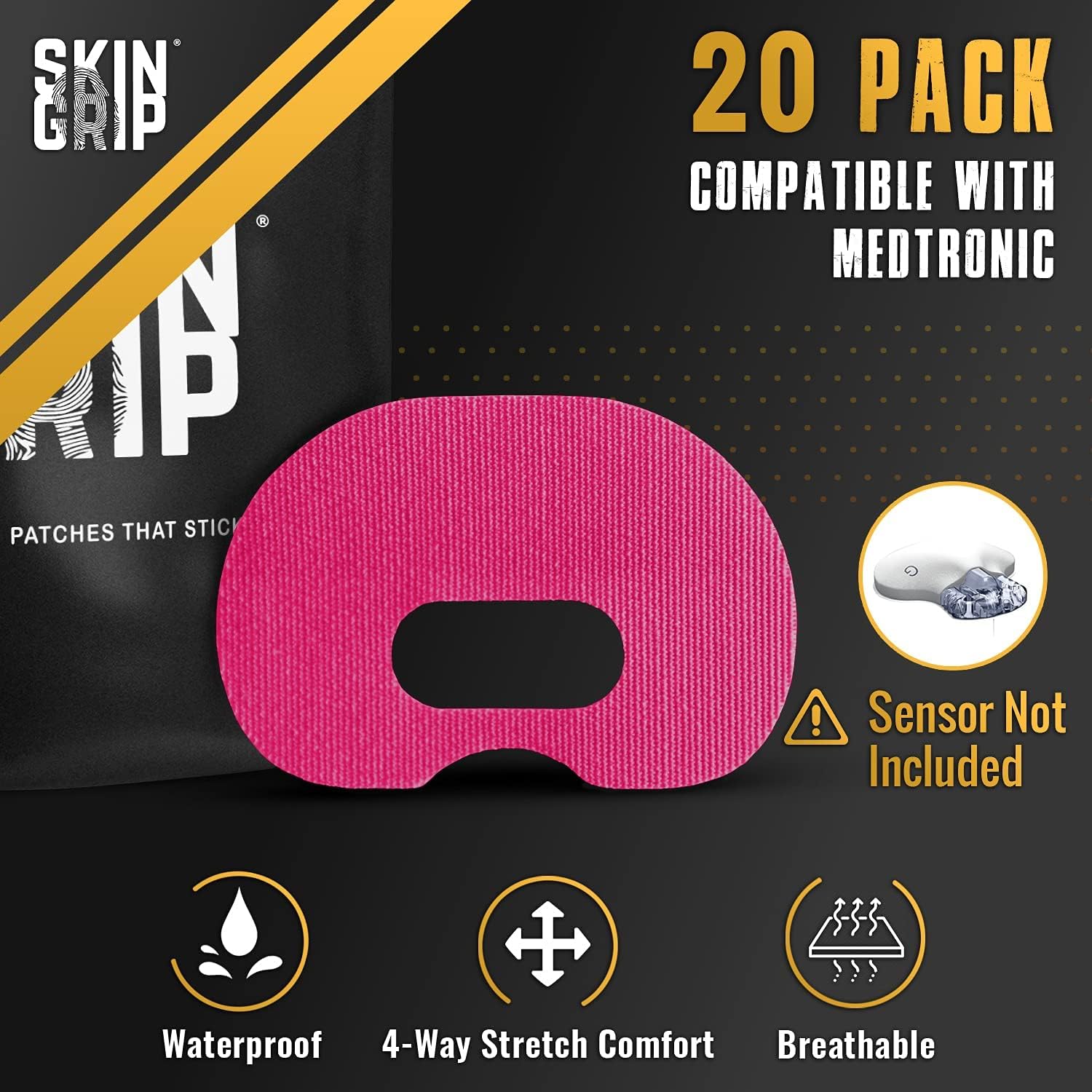 Skin Grip CGM Patches for Guardian Sensor 3 (20-Pack), Waterproof and Sweatproof for 10-14 Days, Pre-Cut Adhesive Tape, Continuous Glucose Monitor Protection (Pink) : Health & Household