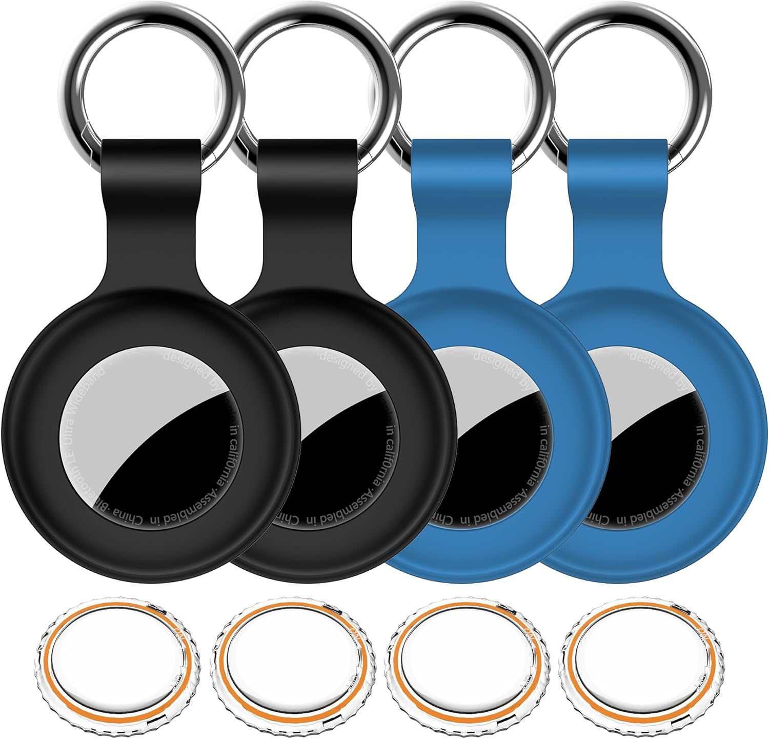 4pack,compatible with airtag holder case with keychain ipx8 waterproof,shockproof gps tag tracker cover [anti-scratch] [pc+silicone] for item finders case for pets,kids,luggages-black/blue/black/blue a2-black+black+blue+blue 4 pack
