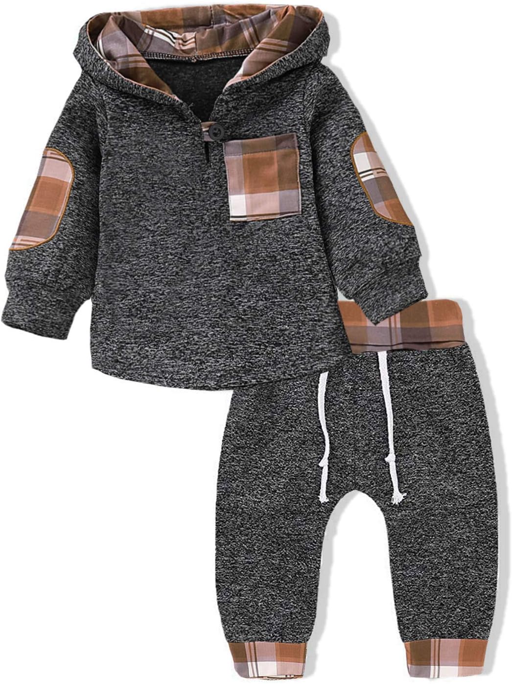 Ritatte Toddler Infant Baby Boys Clothes Plaid Long Sleeve Hoodie Sweatshirt Pants Fall Winter 3Pcs Outfits Set(Khaki Plaid, 6-12 Months)