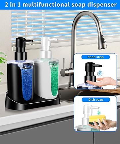 Miniatura 2 de Juego de dispensador de jabón de cocina, contiene dispensador de jabón para manos y platos, dispensador de botellas de doble bomba de jabón negro y