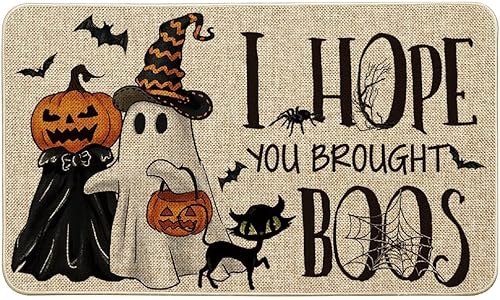 Artoid Mode Tapete de Halloween con diseño de calabazas fantasmas, diseño de gato con texto en inglés "I Hope You Brought Boos", decoración del