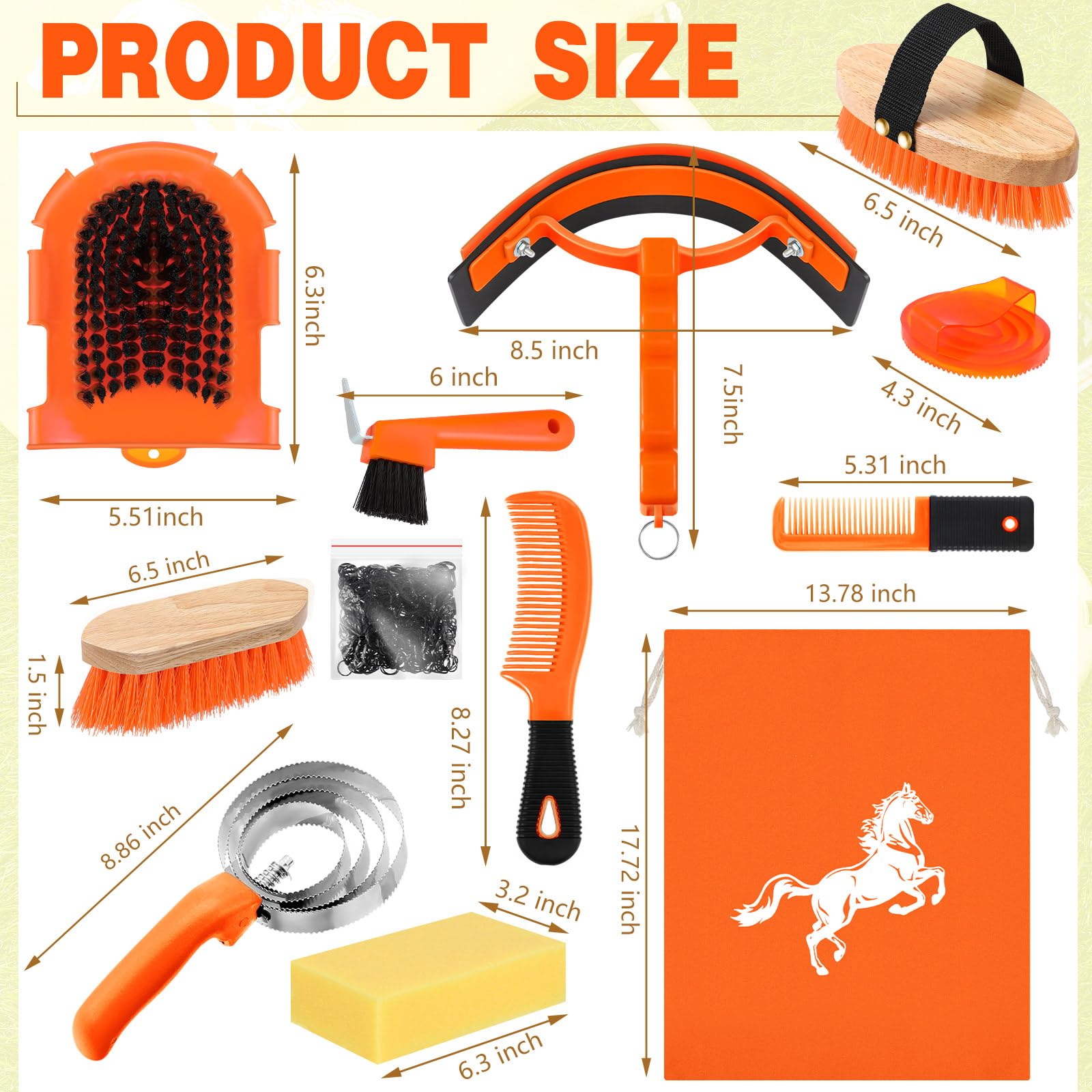 Abbylike 12 Pieces Horse Grooming Kit Racing Festival Tack Room Supplies Horse Brush Sets Equine Care Cleaning Kit Shedding Grooming Massaging Tools(Orange) 1