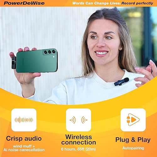 Miniatura 8 de PowerDeWise Micrófono de solapa profesional inalámbrico Lavalier para iPhone, iPad - Micrófono de grabación de condensador omnidireccional dual para