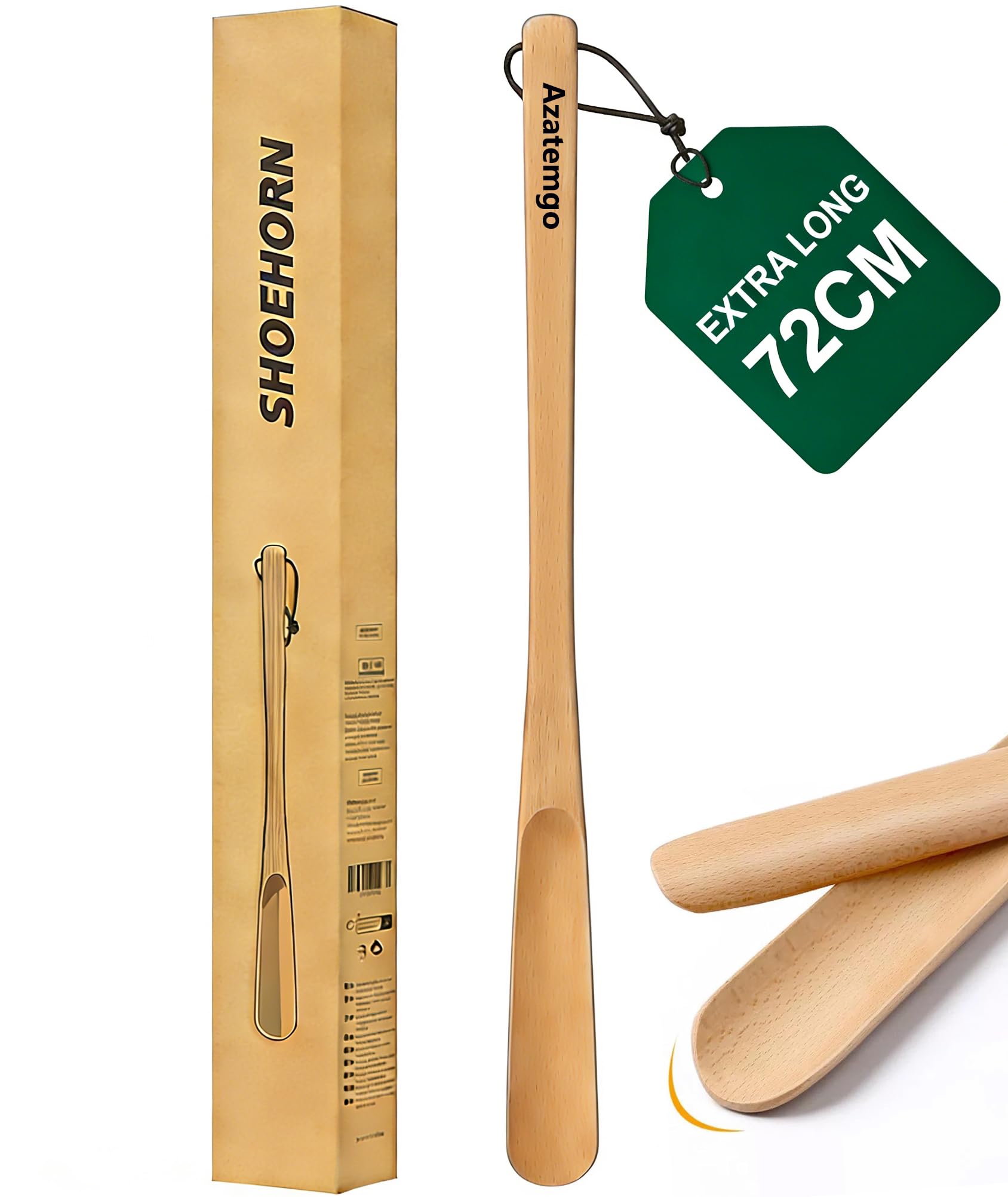 Łyżka do butów z drewna, długość 72 cm, naturalny materiał drewniany, ze skórzanym paskiem, pomoc w zakładaniu butów