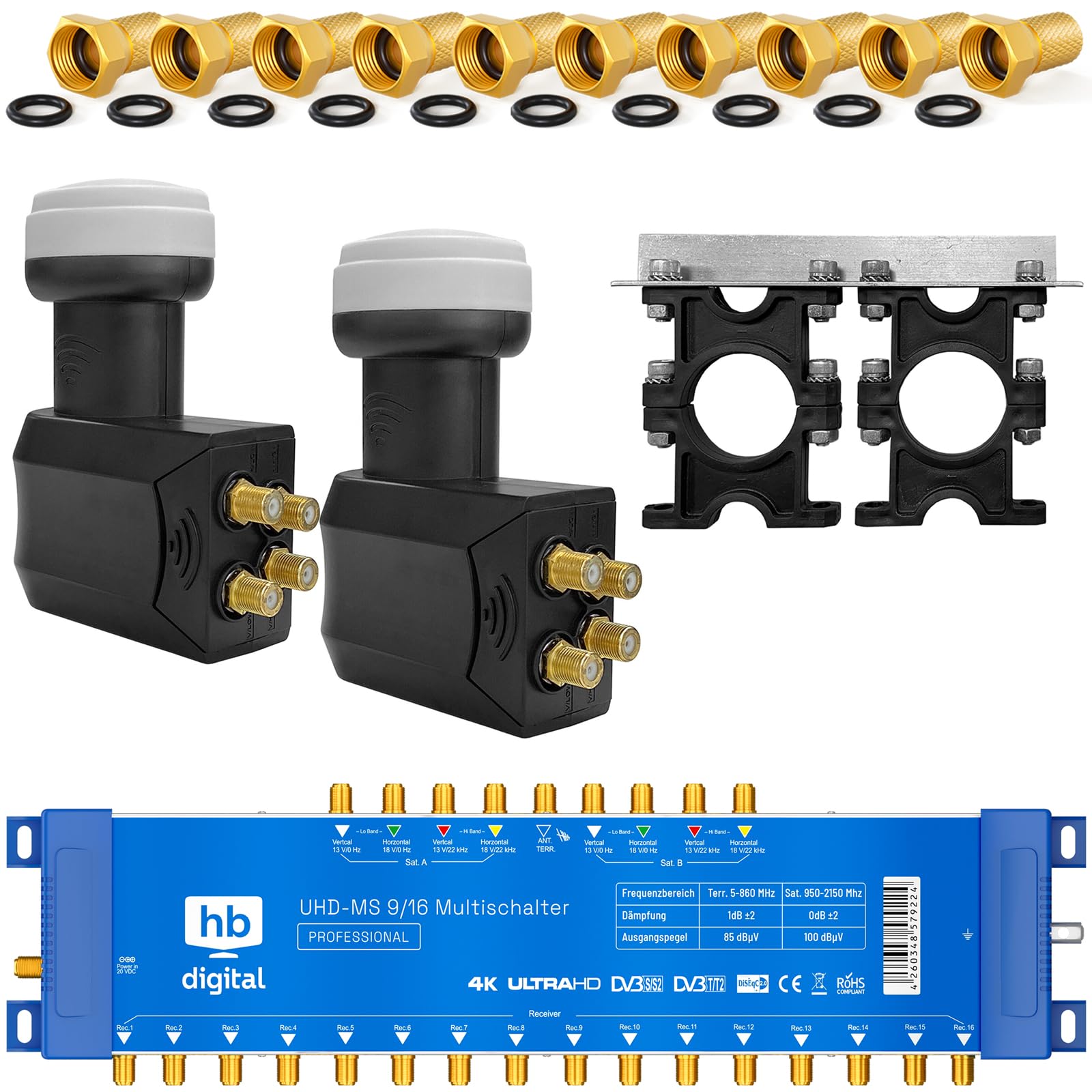 Quattro LNB di alta qualità + commutatore pmse 9/16 HB-DIGITAL 2 X SAT fino a 16 X partecipanti/ricevitore per Full HDTV 3D 4K UHD con alimentatore di rete + 40 connettori F dorati inclusi