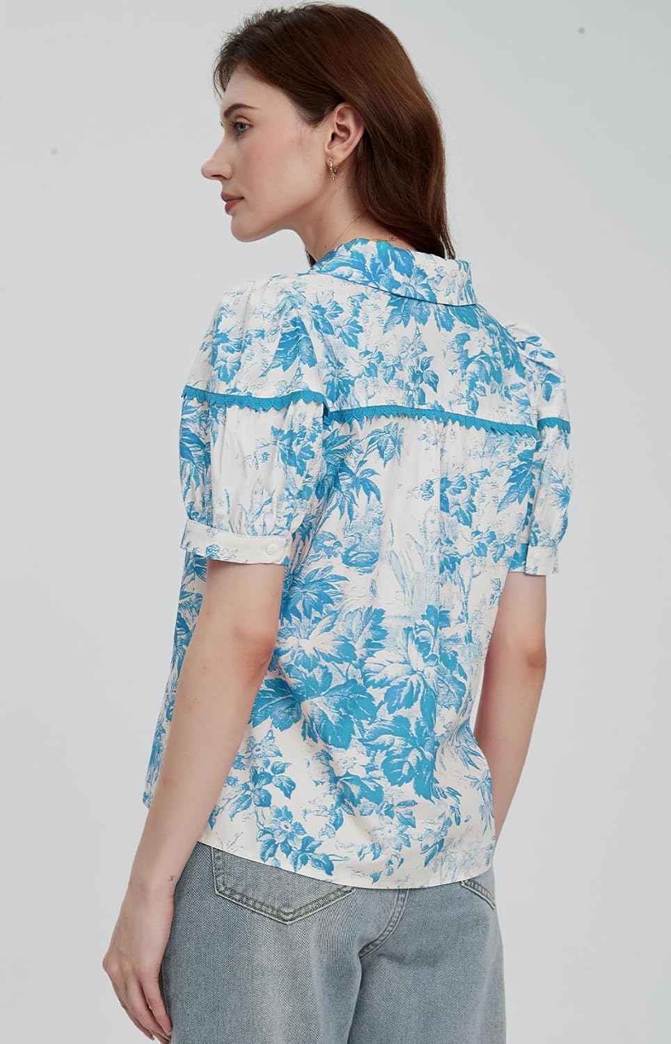 EZAPINE Floral Print Top for Women Puff Sleeve Boho Blouses Short Sleeve Work Shirts