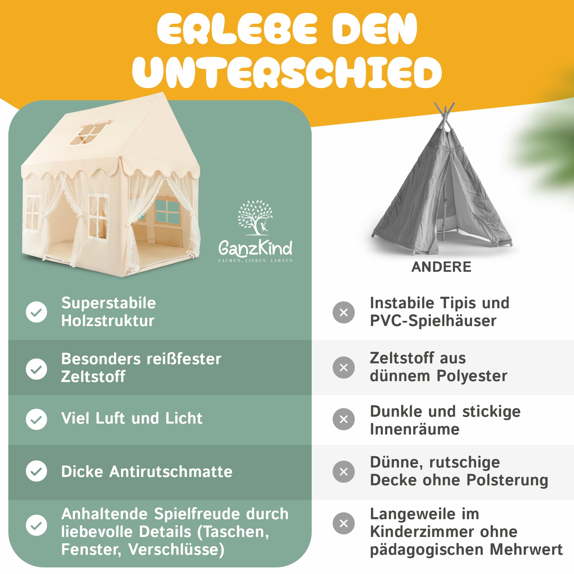 Spielhaus Kinder Indoor mit 2 Eingängen & 5 Fenstern | Kinderzelt für Drinnen, Spielzelt, Kinderspielhaus, Kinderhaus, Zelt Kinderzimmer, Kuschelecke | Mädchen & Jungen ab 3 Jahre | beige