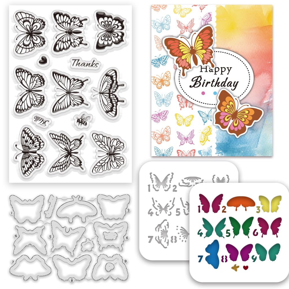 INFUNLY 3pcs Butterfly Clear Stamps & Metal Cutting Dies for Card Making, Layered DIY Paint Stencil with Transparent Silicone Stamp