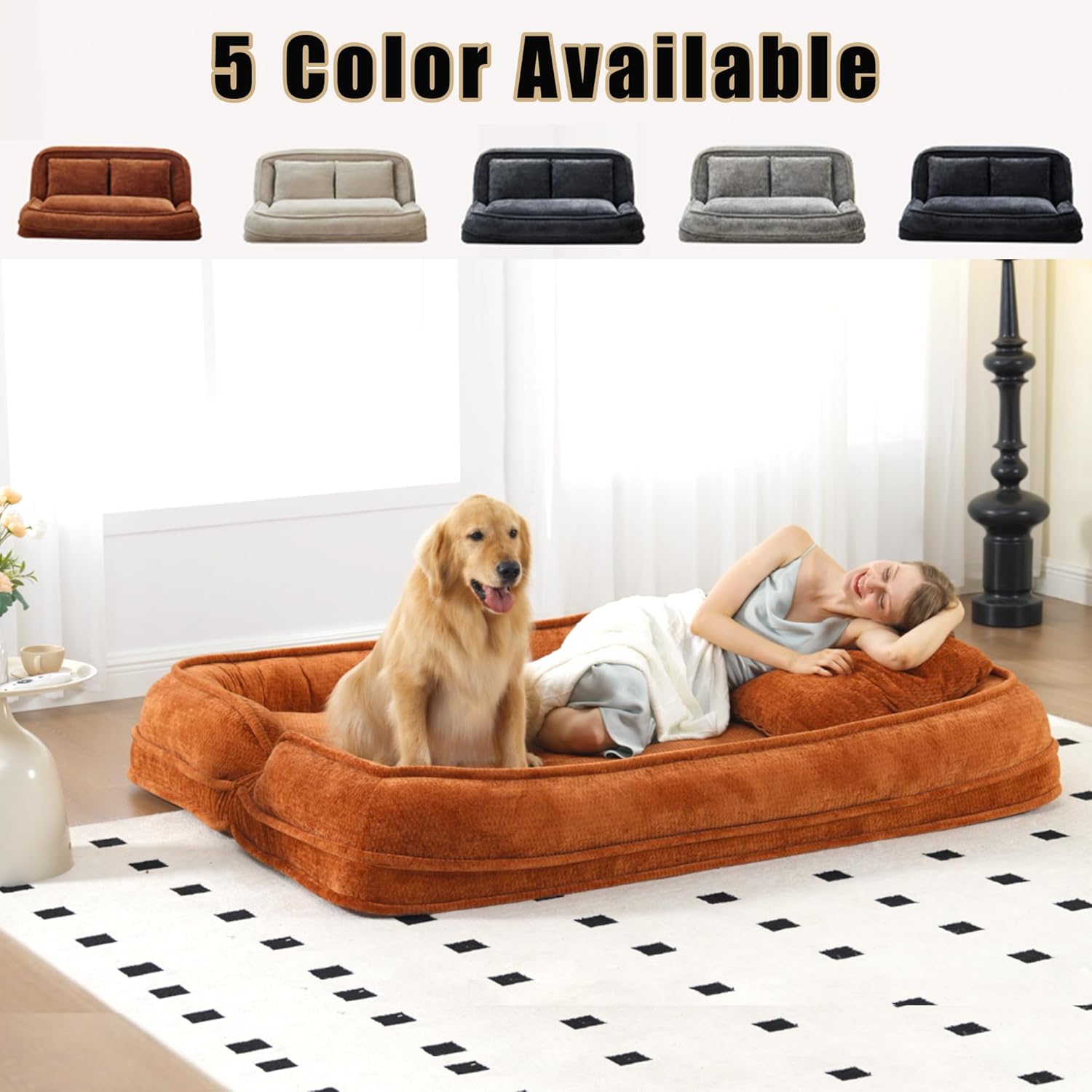 Double Human Dog Bed Loveseat Sofa with Chenille Upholstery, 2-Seater Convertible Floor Couch for Adults and Pets, 5 Adjustable Positions, Plump Cushions, 71" L x 41" W x 32" H, Orange