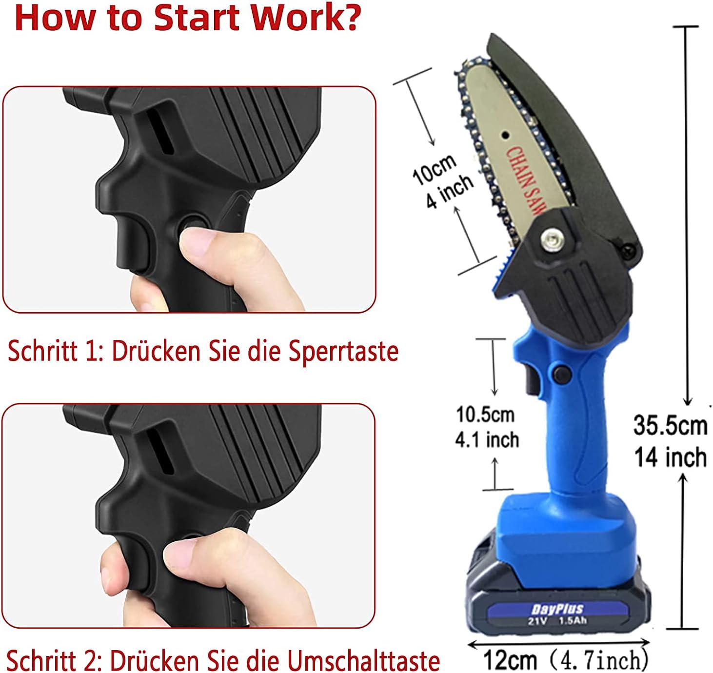 Steps to start the chainsaw: press lock button, then switch button