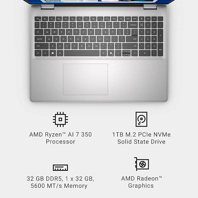Laptop Dell 16 DC16256, Pantalla Táctil 2K 16", AMD Ryzen AI 7, 32GB RAM, 1TB SSD miniatura 10