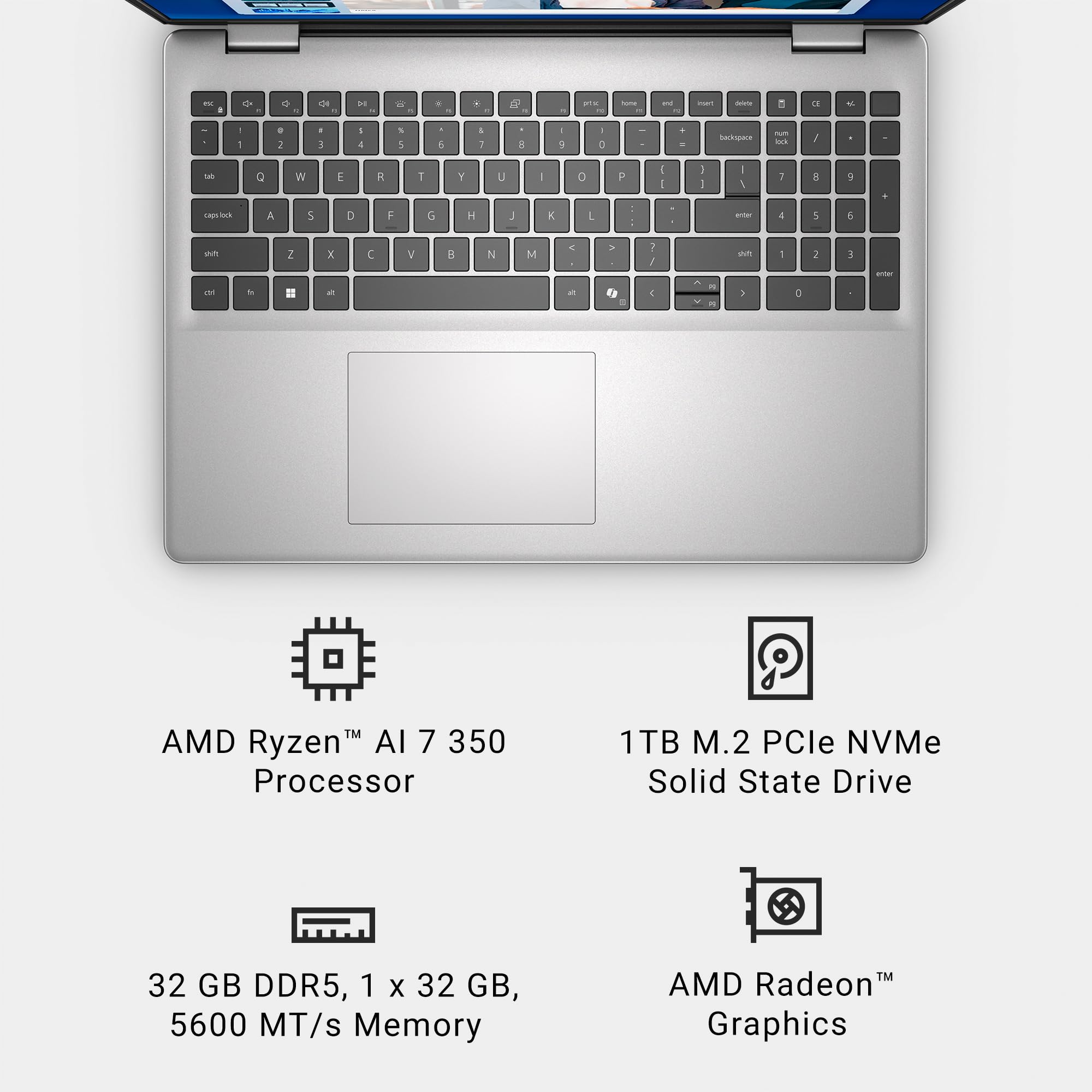 Dell 16 Laptop DC16256-16.0-inch 16:10 2K Touchscreen Display, AMD Ryzen AI 7 350 Processor, AMD Radeon Graphics, 32GB Memory, 1TB SSD, Windows 11 Home, Copilot+, Onsite Service, Platinum Silver — view 10