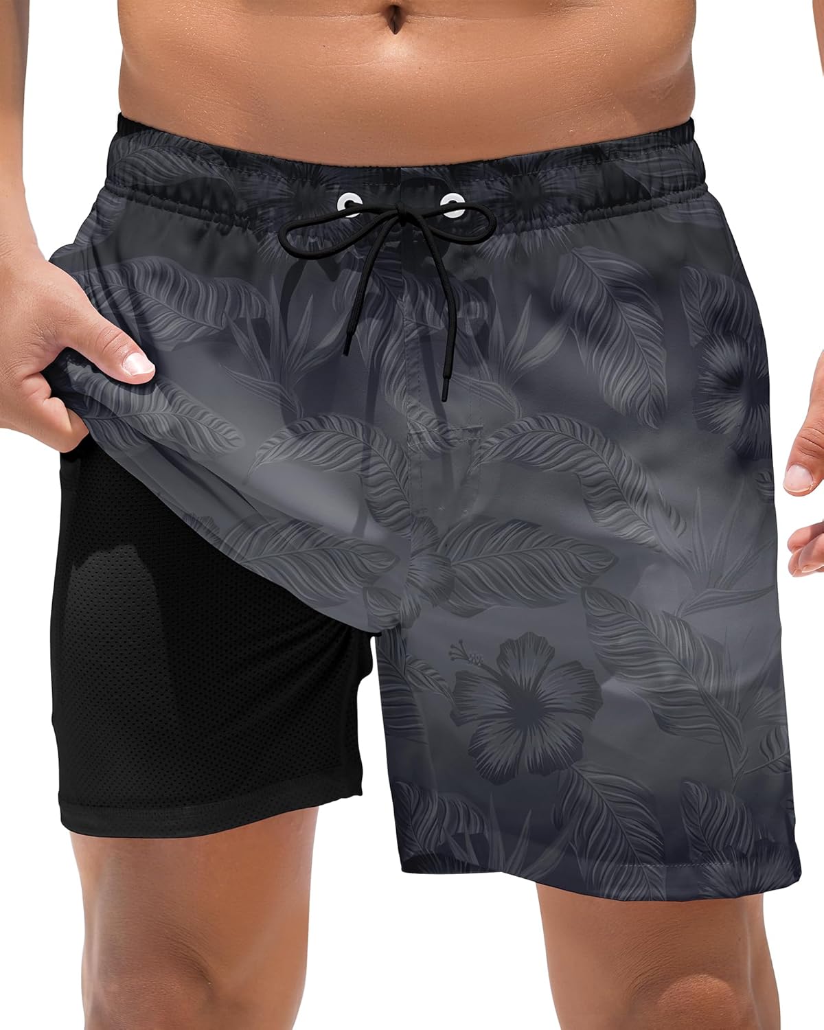 BOJIN 2 in 1 Mens Swim Trunks with Compression Liner 5.5" Inseam Quick Dry Bathing Suit Shorts with Zipper Pockets