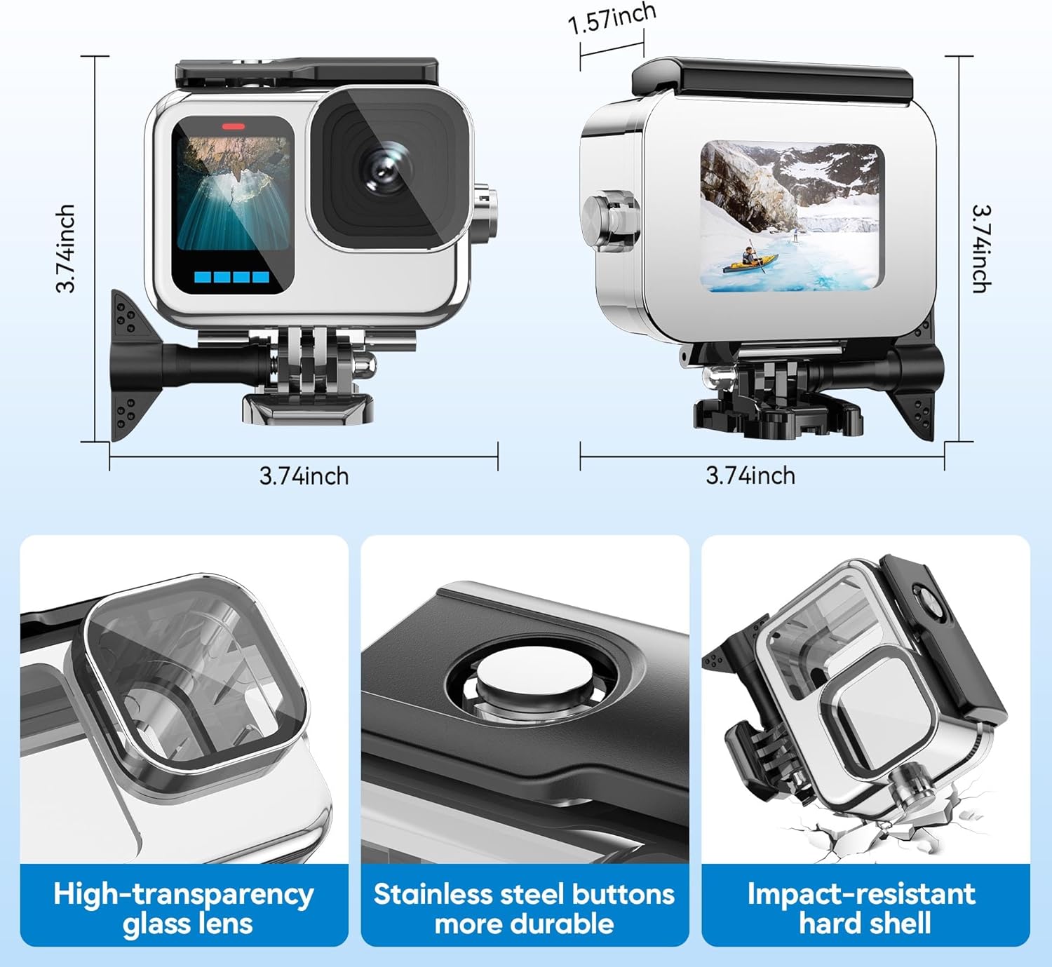 BO&DQQ Compatible for Go Pro Hero 13 12 11 10 9 Black Waterproof Housing Case 60M/196FT Protective Underwater Diving Case Shell with Cameras Handle Mount Accessories Kit for 9/10/11/12/13 Black (silver shell)