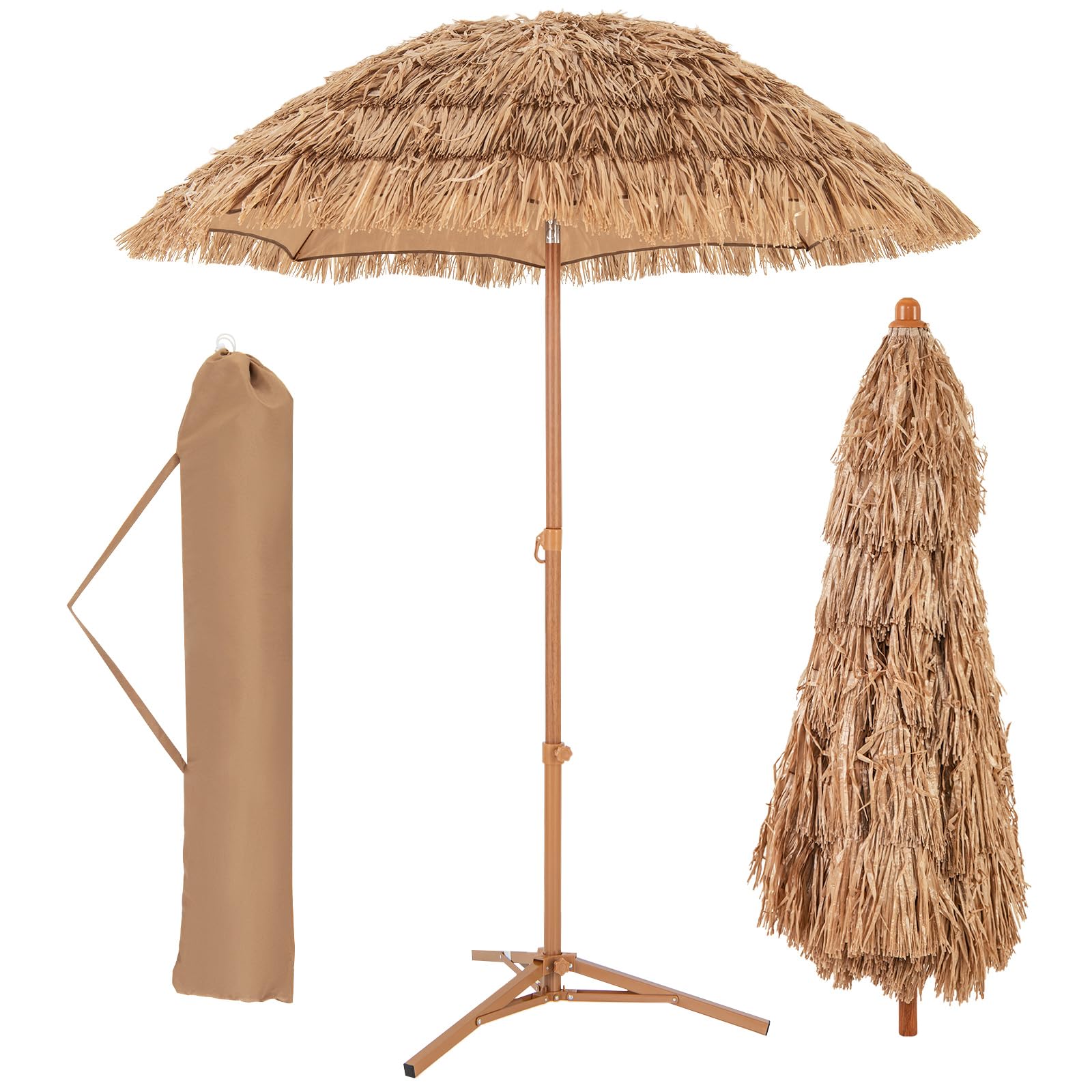 GYMAX Ombrellone Paglia PE 2,7 M, a 9 Strati, Inclinazione a 35°, Doppio Top, Struttura Stabile in Metallo e Antivento, Adatto Spiaggia, Giardino, Terrazza, Hawaiano