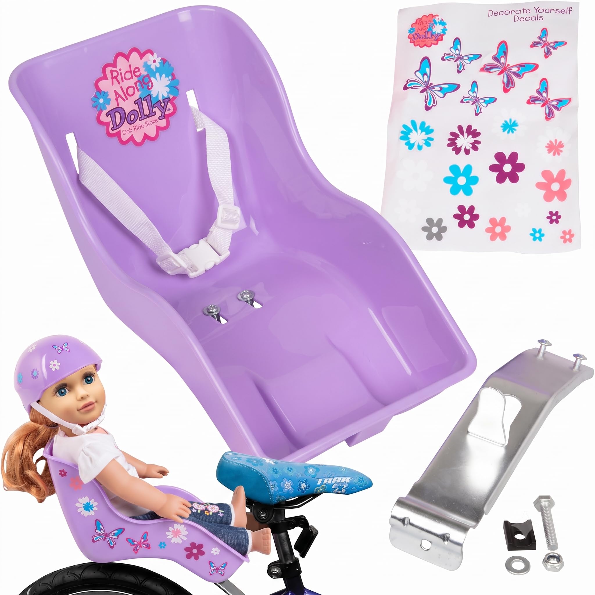 Ride Along Dolly Doll Bicycle Seat Bike Seat (Purple) with Decorate Yourself Decals (Fits Standard Sized Dolls and Stuffed Animals) - Purple