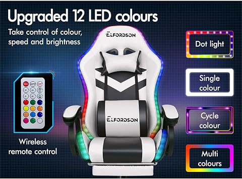 ELFORDSON Gaming Chair with RGB LED Light, 8-Point Massage Computer Office Chair with Lumbar Support Footrest 82cm High Back 150° Recliner, White & Black