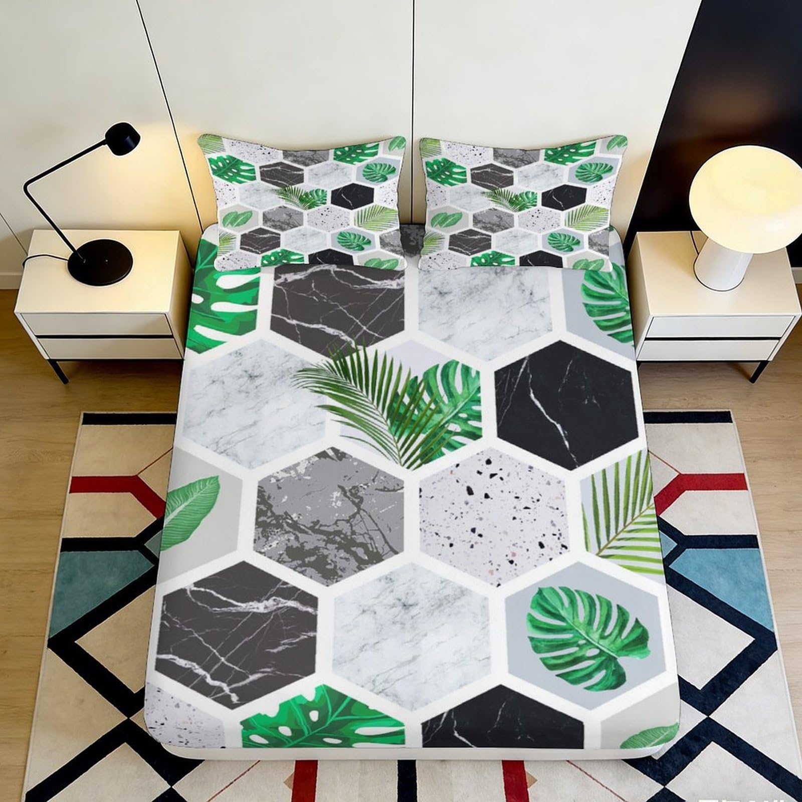 Jqzkxnhpbr Style-6 3D Printed Botanical Leaf Fitted Sheet Microfiber Soft Breathable Geometric Stone Mattress Cover For Bedroom Dorm Decor 90X200x25cm