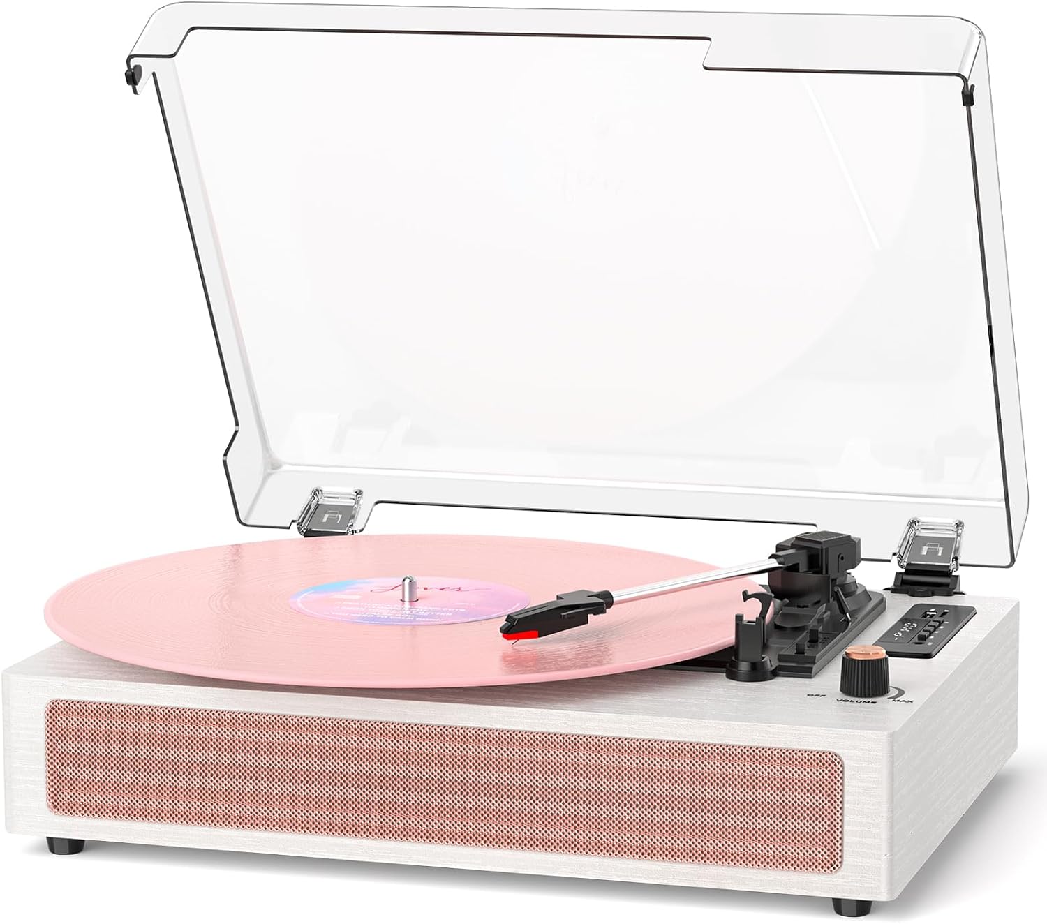 Vinyl Record Player with Speakers, Pink Vintage Bluetooth Record Player with EQ Sound Modes & LED Display, 3-Speed Turntable for Vinyl Records, USB Recording, TF Card Playback, AUX & RCA Output
