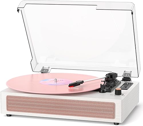 Tocadiscos de vinilo con altavoces, tocadiscos Bluetooth vintage rosa con modos de sonido EQ y pantalla LED, tocadiscos de 3 velocidades para discos