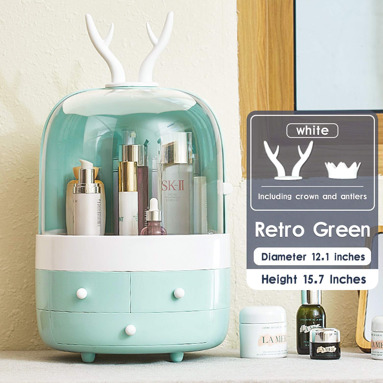 Multifunctional Makeup Organizer with Dustproof Jewelry and Cosmetic Storage Skin Care Products Rack Dressing Table Desktop Finishing Box with Drawer on Countertop,Blue