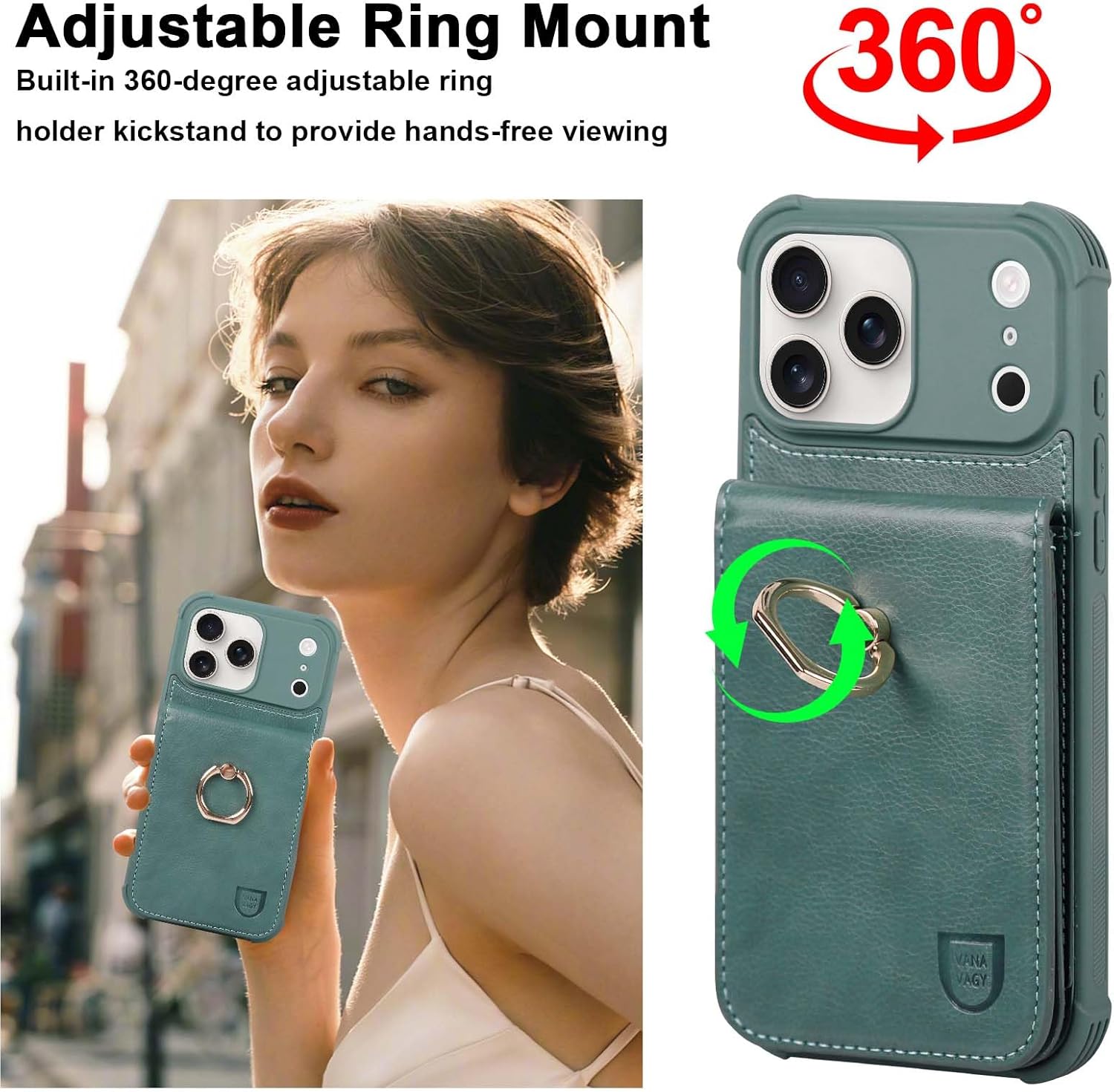 VANAVAGY Compatible for iPhone 17 Pro Wallet Case with RFID Blocking Card Holder, [Screen Protector] PU Leather Shockproof Case Magnetic Clasp Ring Kickstand Flip Cover for Women Men,Forest Green