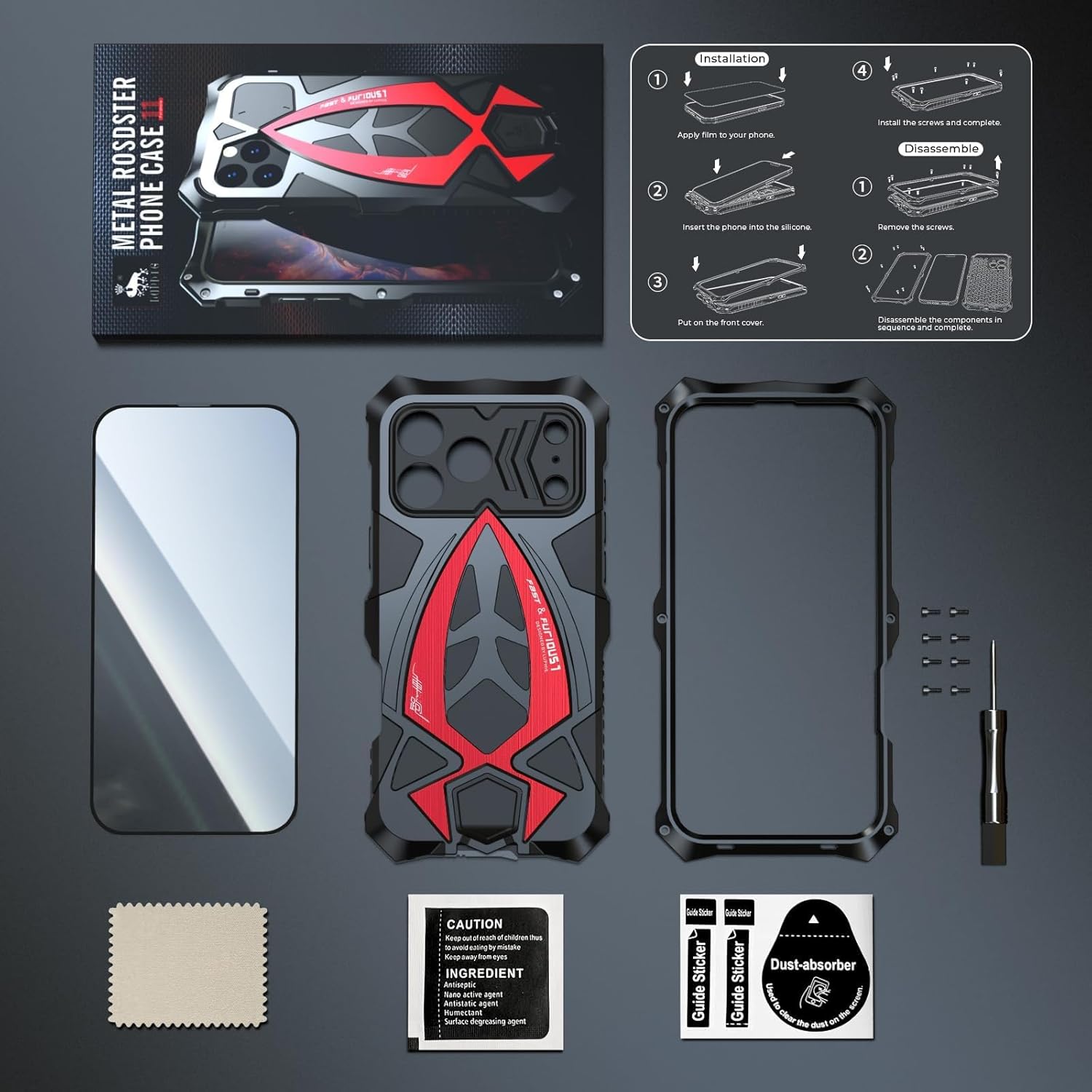 Armor Phone Case for iPhone 17 Pro Max Military Grade Cover 360 Full Protection Heavy Duty Hybrid Metal Bumper Built-in Silicone Shockproof with Screen Protector - Black + Red