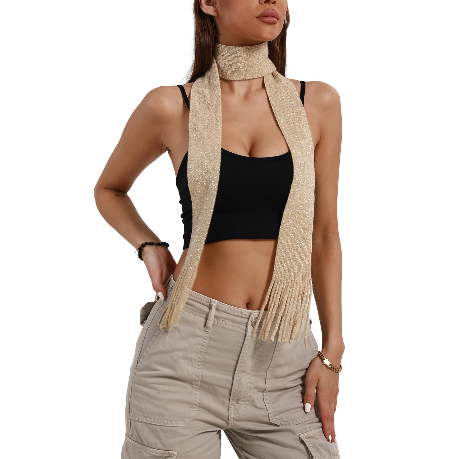 Kobeleen Women's Beige Blingbling Scarf For Long Skinny Belt Necktie Y2k Girls Photo Props Long Neckerchief Skinny Scarf Necktie