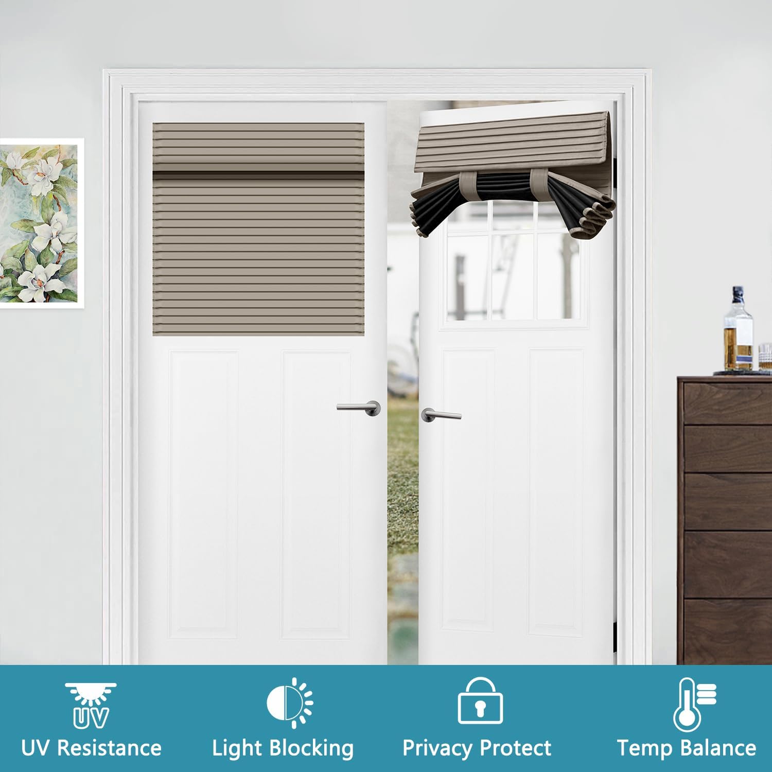 Muamar French Door Curtains Privacy Door Blind, Front Door Window Curtain, Venetian Blinds Style Door Window Cover, 1 Panel (Light Brown, W25” x L20”)