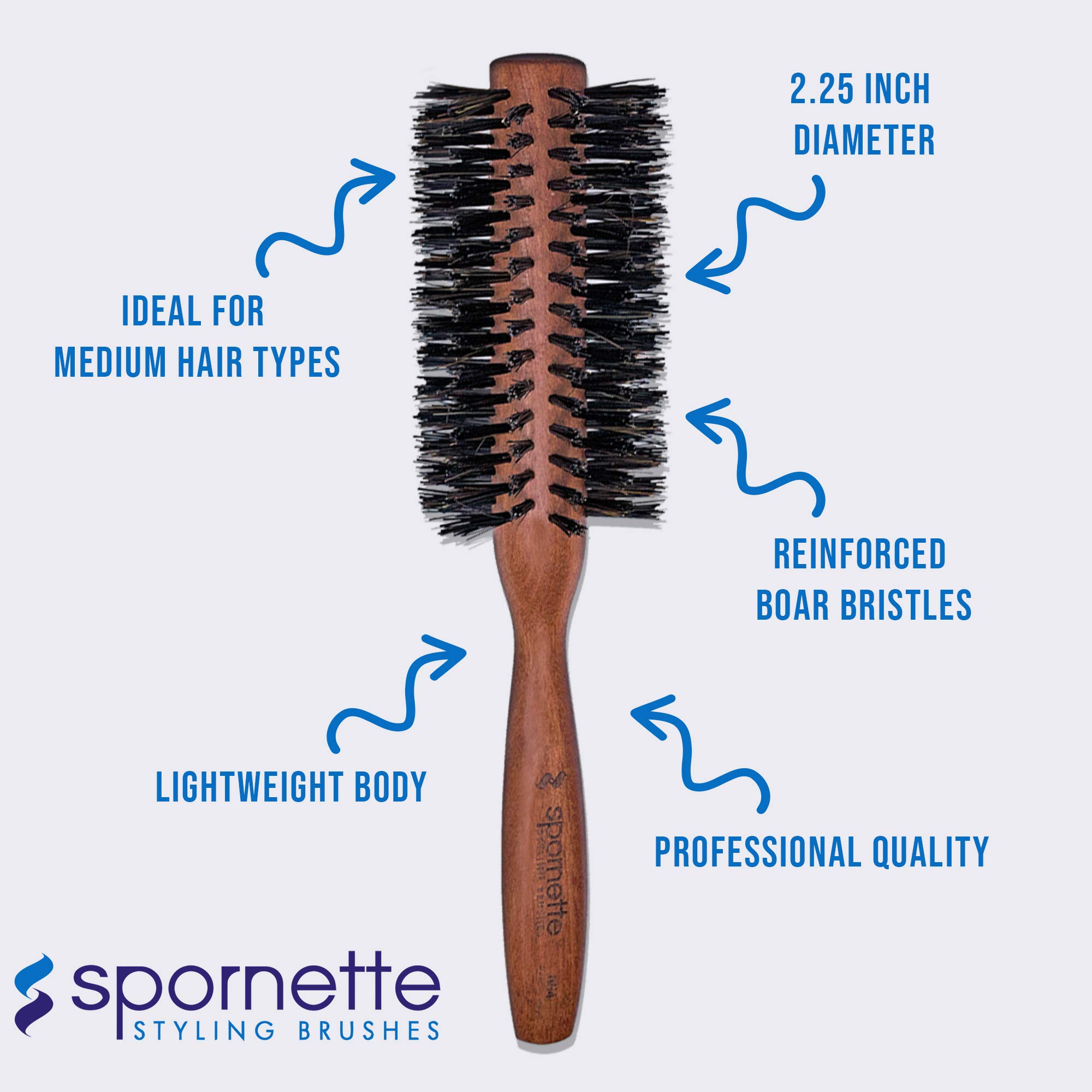 Spornette Italian Round Boar Bristle Brush, 2.25-Inch Wooden Hairbrush