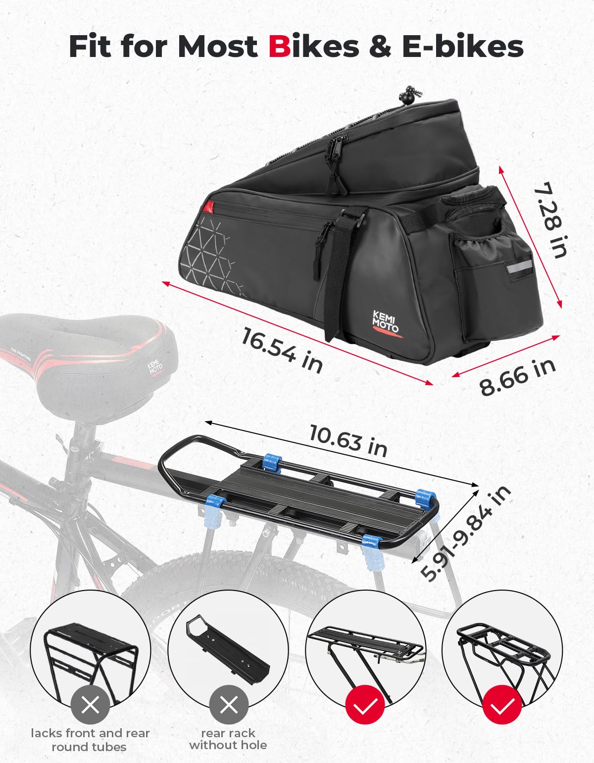 KEMIMOTO Borsa Bici Posteriore 3 in 1, 15L Borsa per Bicicletta Posteriori Impermeabile con Copertura Anti-Pioggia, Borse per Bici con Tracolla e Maniglia per Strada Bike Mountain Bike