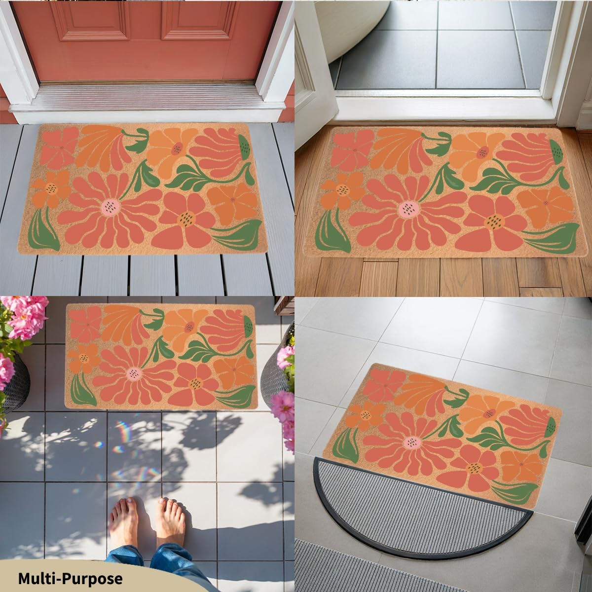 Floral Door Mat 18x30 Inch, Floral Durable Welcome Mat for Outdoor Indoor Entryway Porch Kitchen Home Decor, Faux Coco Coir Doormat with Heavy Duty Non-Slip PVC Backing, Flower Gifts for Women Mom-1