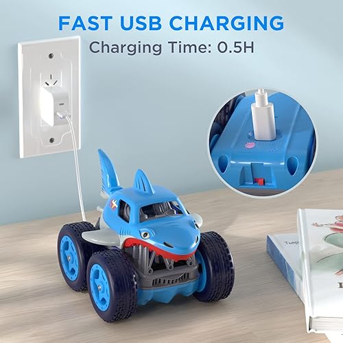 Miniatura 6 de MaxTronic Mini auto a control remoto  4WD 2.4Ghz 360 giratorio Stunt RC Truck con batería recargable incorporada, diseño de tiburón, juguetes para