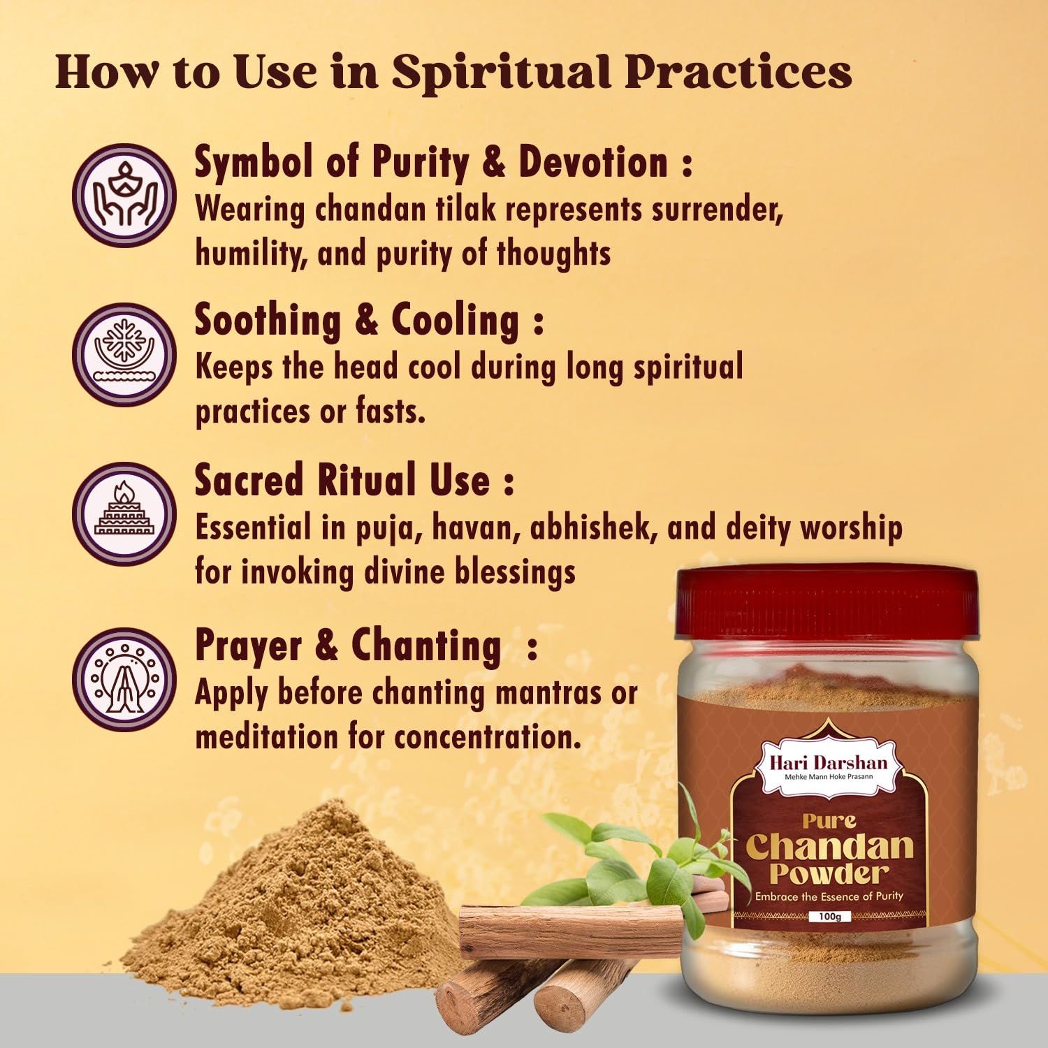 Hari Darshan Pure Chandan Powder (Sandalwood Powder) - 100g | Spiritual & Religious Use, Tilak, Meditation, Puja, Havan - Cooling, Aura Purifying, Divine Connection 1